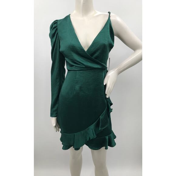 Lulus Green Satin One Shoulder Puff Sleeve Ruffle Trim Mini Dress L Party - Picture 4 of 10